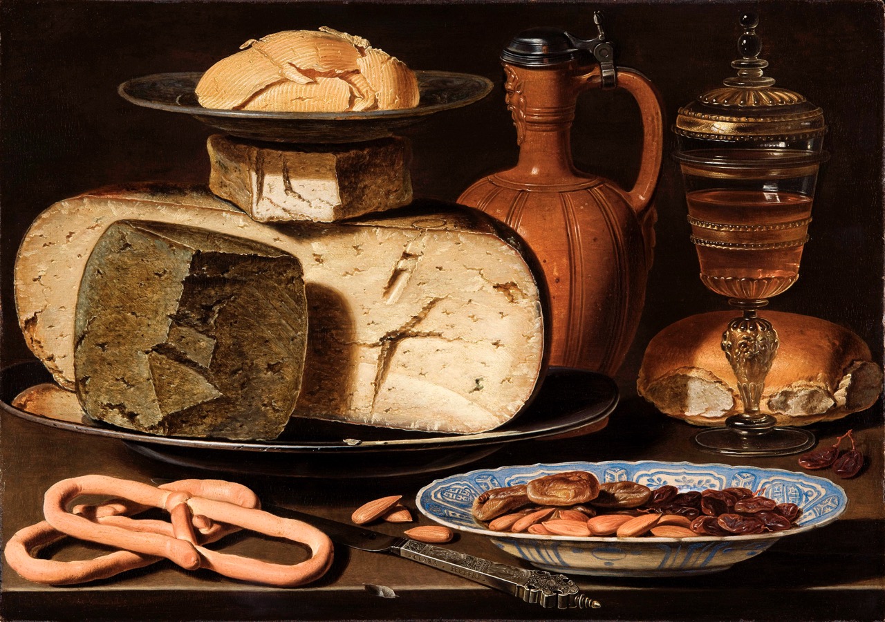 Nature morte aux fromages, amandes et bretzels de Clara Peeters (1615)